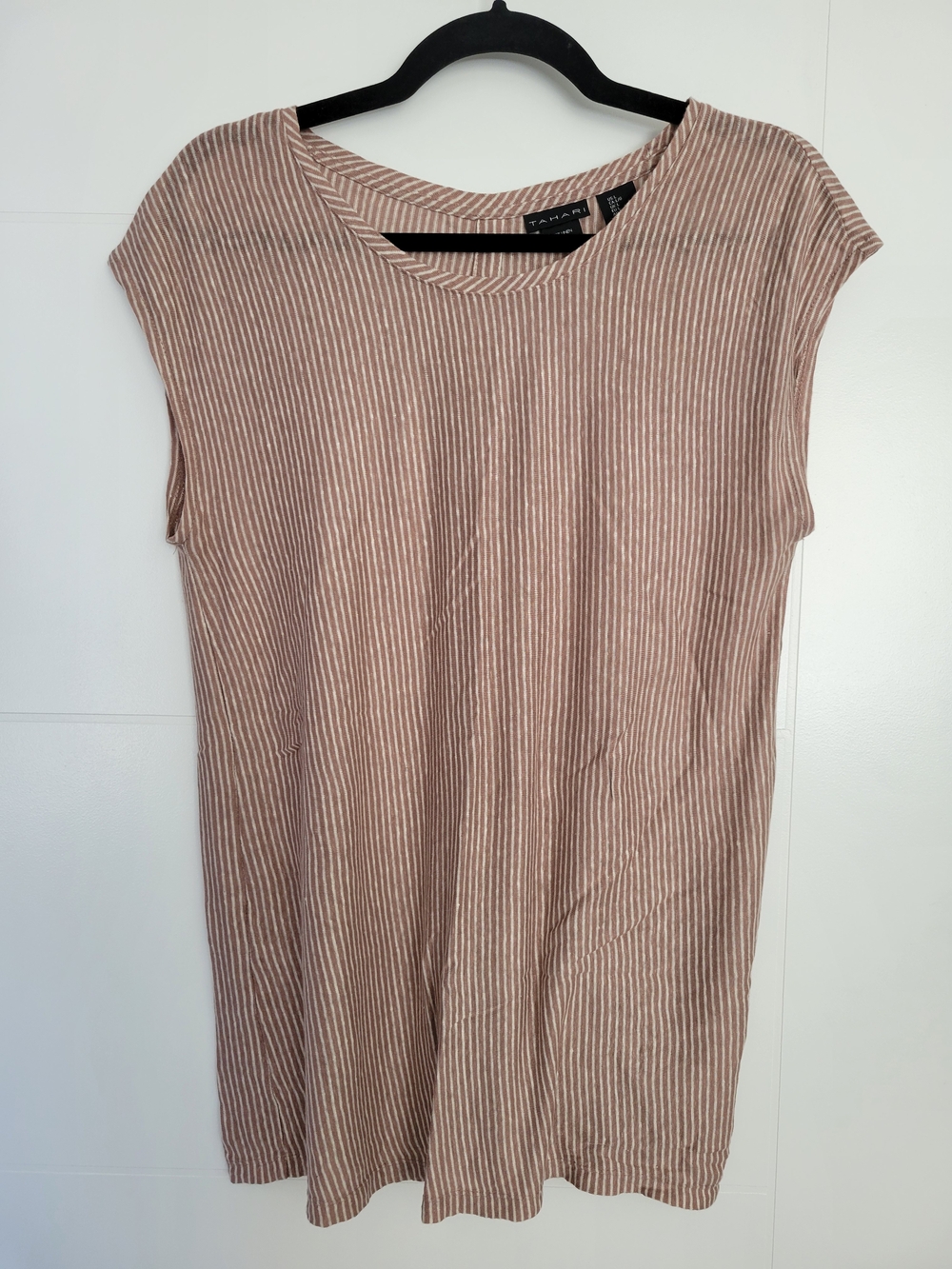 Tahari 100% Linen Dusty Rose and White Striped Cap-Sleeve Tunic Sleeveless